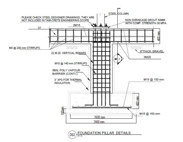 Technical structural drawing D02 showing reinforced concrete foundation pillar details, rebar reinforcement, and thermal insulation specifications for an industrial building in Calgary.