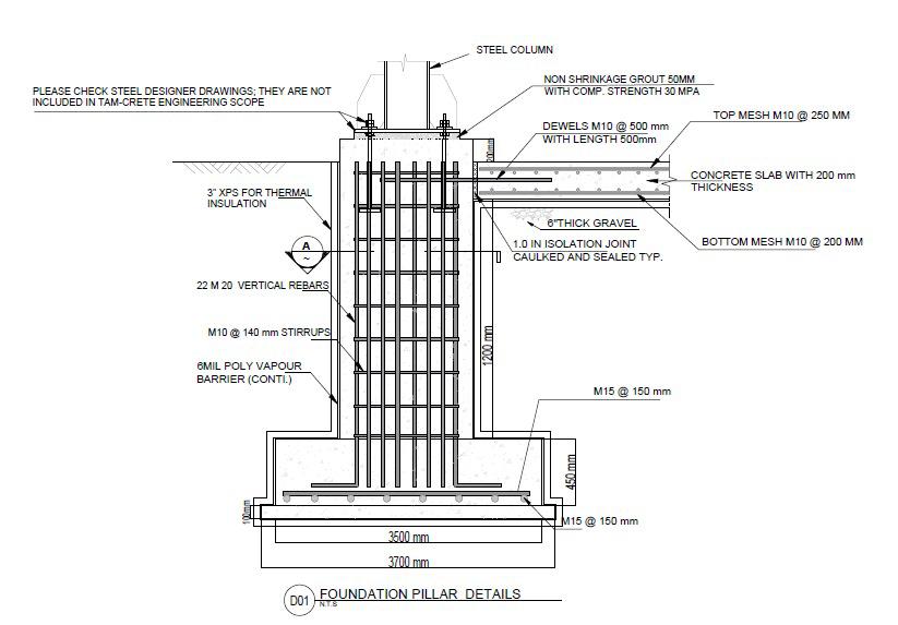 Foundation pillar cross-section detail D01 showing the connection between a reinforced concrete footing and an industrial steel column for a commercial facility in Alberta.