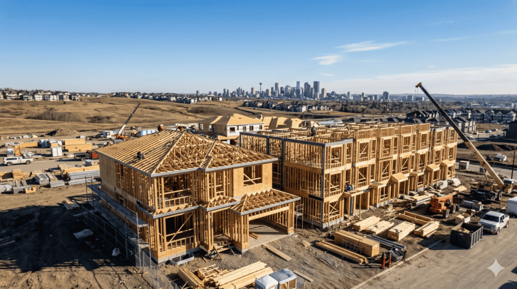 Modern residential structural construction site featuring townhouse and single-family home framing in Calgary, Alberta.