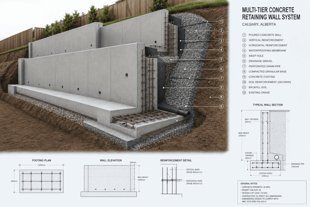 Technical 3D structural design of a tiered retaining wall system for a Calgary residential property by Tam-Crete Engineering.
Retaining Wall Engineer Calgary