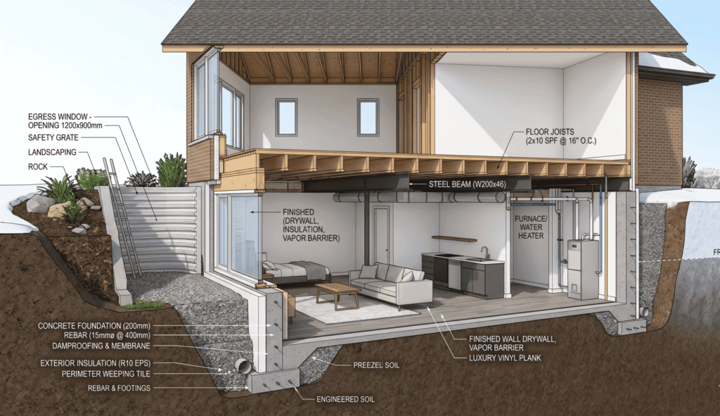 Structural engineering layout for a legal basement suite in Calgary showing foundation supports and egress window design.
