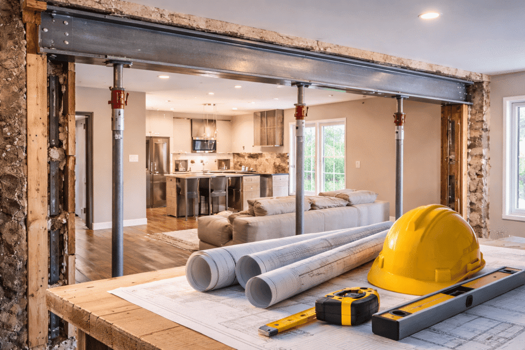 Steel beam installation for load-bearing wall removal in Calgary residential project