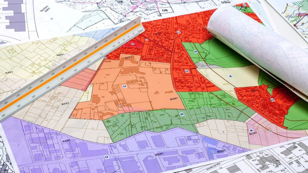 Zoning map and building blueprint comparison for development permit vs building permit in Calgary