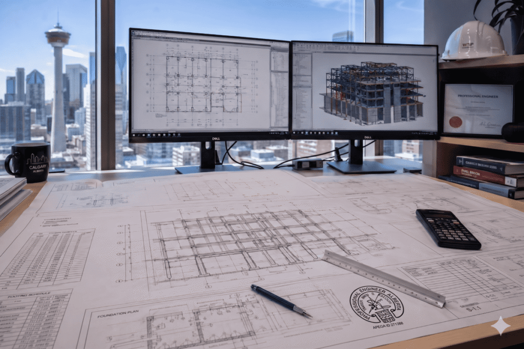 A structural engineer's desk with structural building design blueprints, a scale ruler, and dual monitors displaying 2D and 3D CAD/BIM models of a construction project in Calgary.