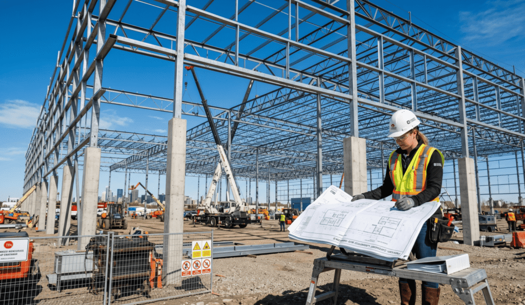 Structural steel framing and concrete construction for a large-scale industrial warehouse project in Calgary by Tam-Crete Engineering.