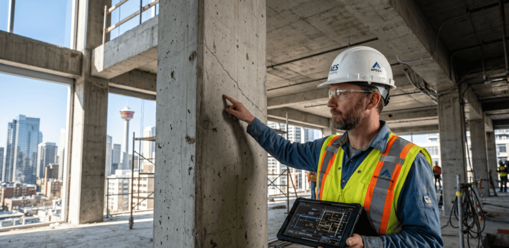 A structural engineer wearing a white hard hat and reflective vest conducts an on-site structural engineering consultation in Calgary. He is holding a rugged tablet with engineering blueprints and pointing at a crack in a concrete column, with the Calgary skyline blurred in the background.