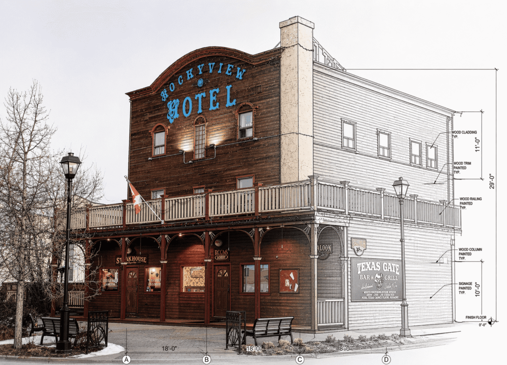 Structural engineering visualization of Rockyview Hotel in Cochrane, blending real-life photography with AutoCAD blueprints for heritage building analysis