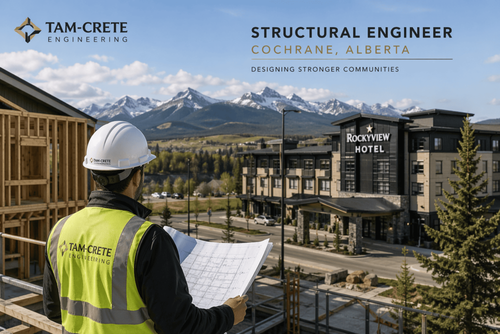 Structural engineer performing a site inspection and assessment of the Rockyview Hotel building in Cochrane, Alberta