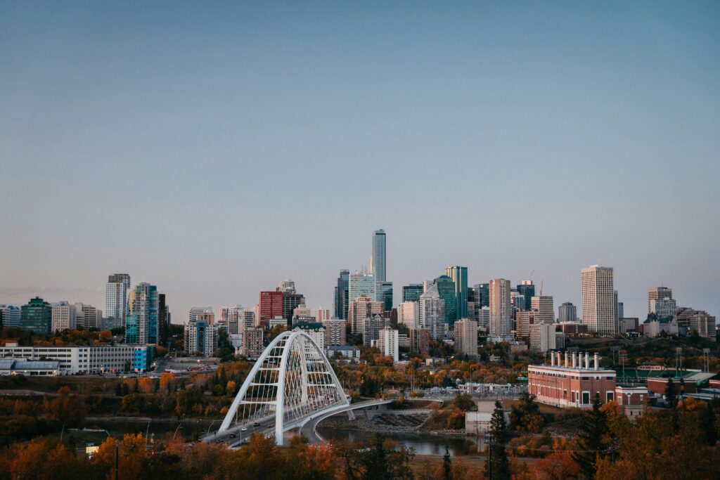 Panoramic view of the Edmonton skyline and Walterdale Bridge, representing professional structural engineering services in Edmonton.