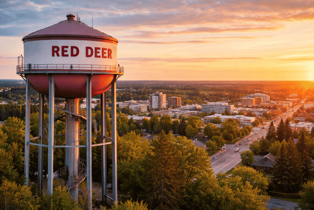 Professional Tam-Crete structural engineer performing a site visit in Red Deer, Alberta, with modern houses and the historic water tower in the background.