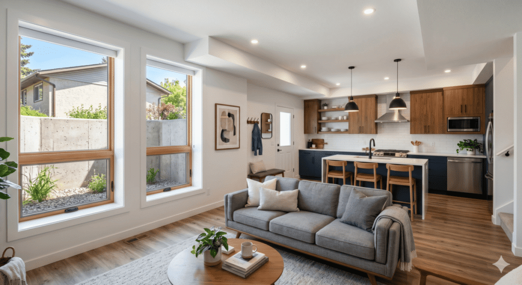 Bright open-concept secondary suite interior meeting legal basement suite Calgary requirements.
