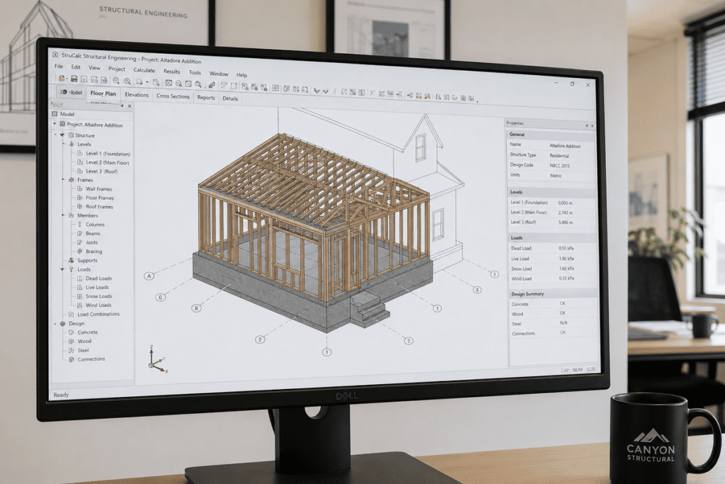 Structural CAD drafting software used to prepare Calgary building permit plans by a licensed P.Eng engineer.