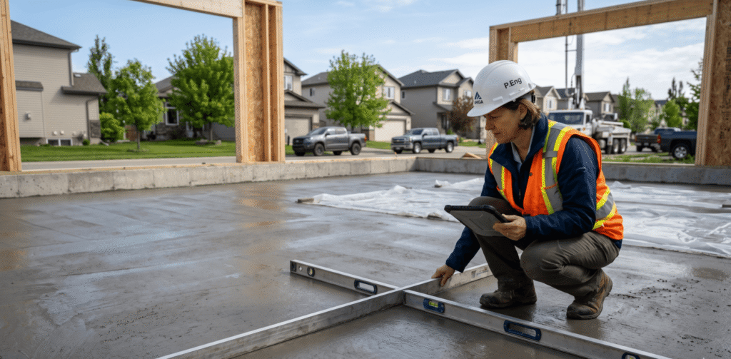 Tam-Crete structural engineer inspecting a garage slab foundation in Calgary for Alberta building code compliance.