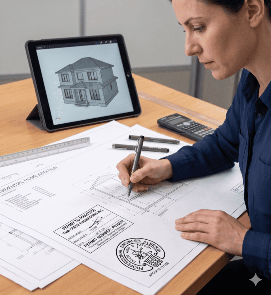 Professional P.Eng stamped plans for home additions on a technical drafting table
