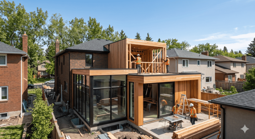 Modern house extension Calgary project under construction showing structural integration