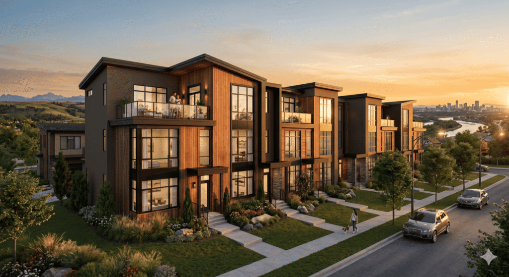 Modern multifamily townhome complex in Calgary designed by a multifamily structural engineer.