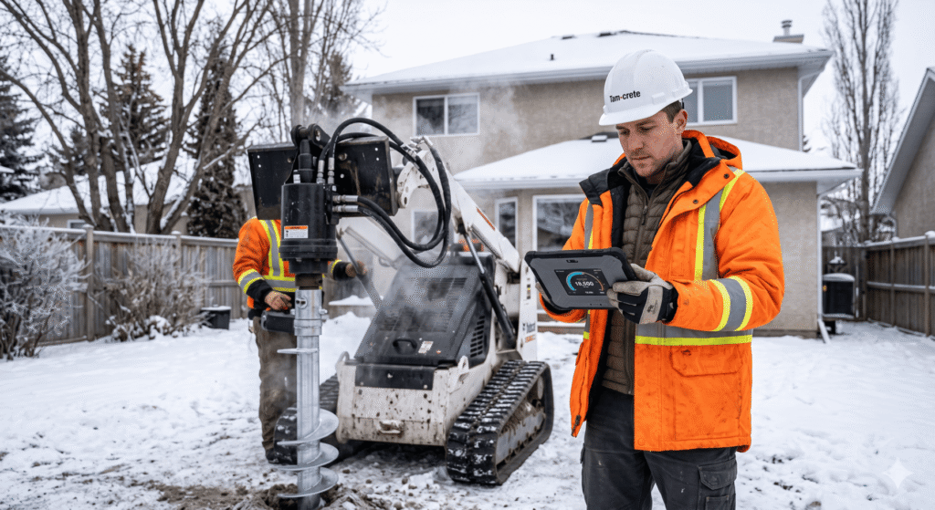 Tam-Crete structural engineer performing screw pile torque verification during installation in Calgary.
