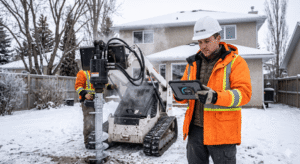 Tam-Crete structural engineer performing screw pile torque verification during installation in Calgary.