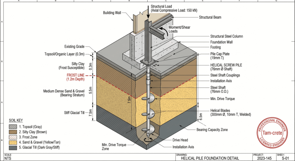 Technical screw pile engineering diagram for a residential foundation in Calgary showing helical blade depth and frost line.
