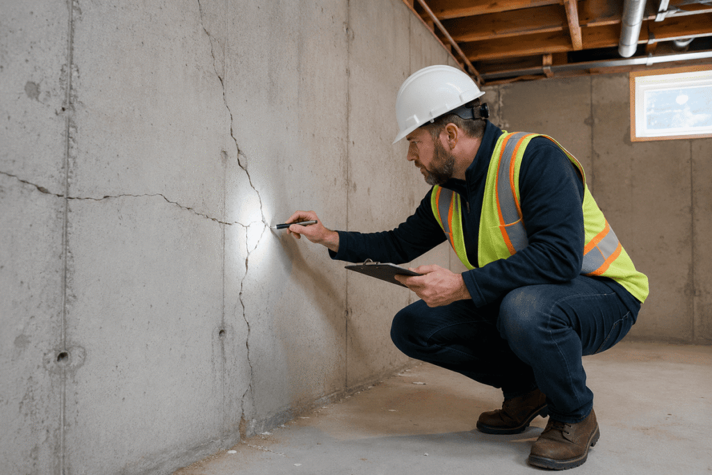 Licensed structural engineer inspecting a foundation crack in a Calgary home for a P.Eng stamped inspection letter.