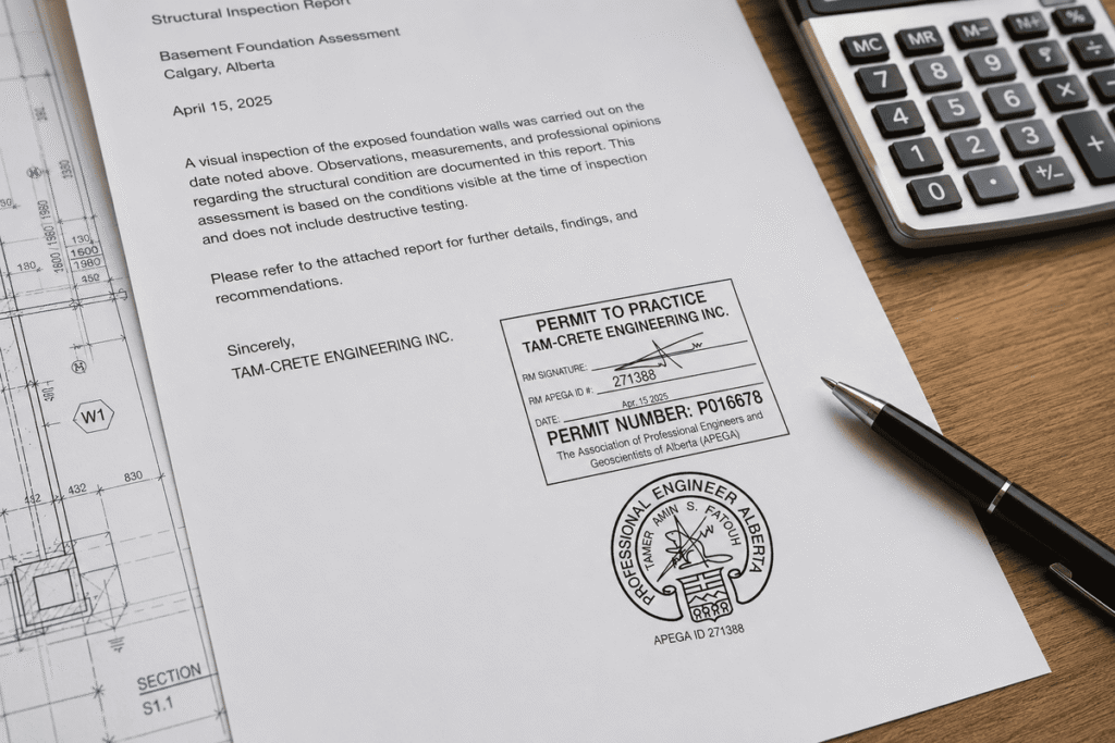 P.Eng stamped structural inspection letter for Calgary building permit and real estate compliance.