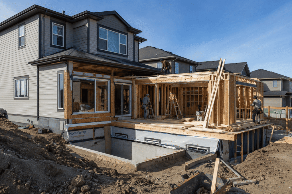 **Alt text:**
Construction workers building a rear and side **house addition Calgary** project on a suburban home, showing excavation, exposed framing, structural beams, and ground-level expansion work in progress under bright daylight. 🏗️🏡