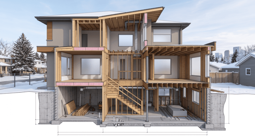 Structural cross-section of a Calgary home showing basement secondary suite framing and foundation