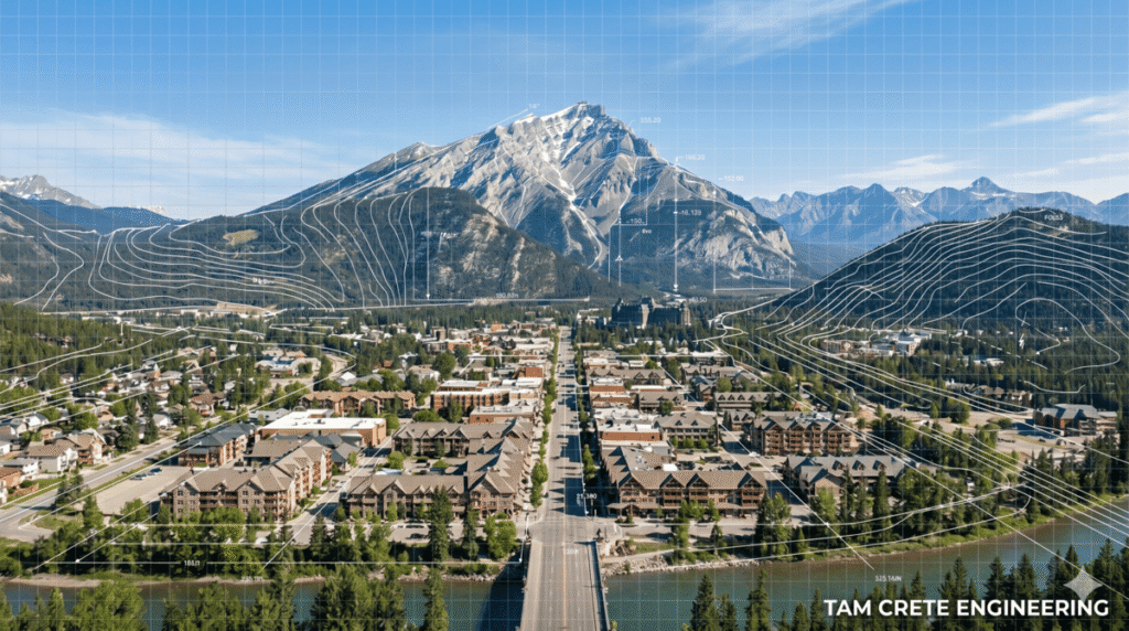 Structural engineering and geotechnical services in Banff Alberta by Tam Crete Engineering, featuring a drone view of Mount Rundle, Banff Avenue, and the Bow River with topographic contour lines.