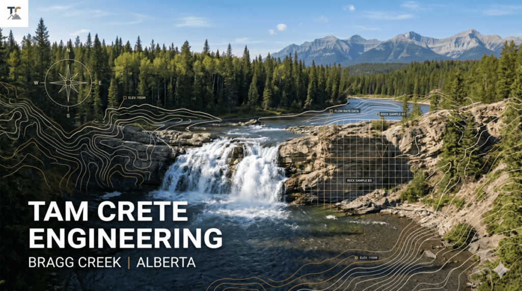 Structural engineering and residential design services in Bragg Creek Alberta by Tam Crete Engineering, featuring the local Elbow Falls topography.