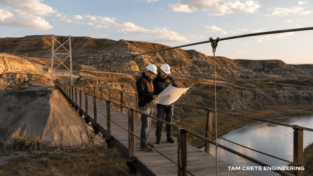 Alberta structural engineers from Tam-Crete Engineering assessing suspension bridge foundations and structural blueprints at Rosedale Bridge, Drumheller.