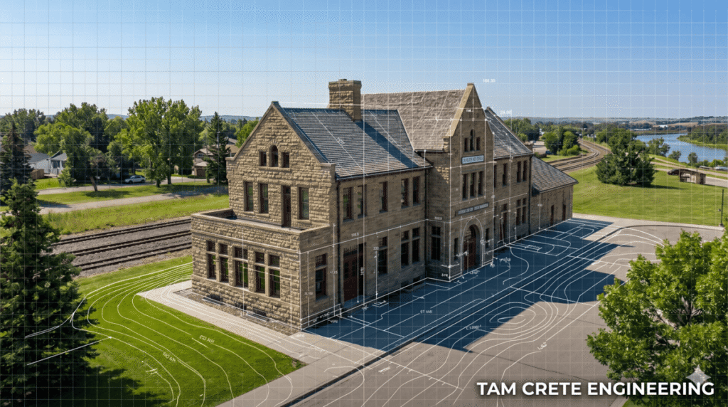 Structural engineering services and Structural Inspection High River in Alberta by Tam Crete Engineering, showcasing a drone photo of the historical Museum of the Highwood with engineering blueprint contours and the company name in the bottom right corner.