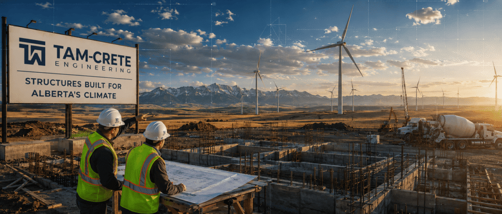 Structural engineering for wind-resistant commercial and agricultural buildings in Pincher Creek Alberta by Tam-Crete Engineering