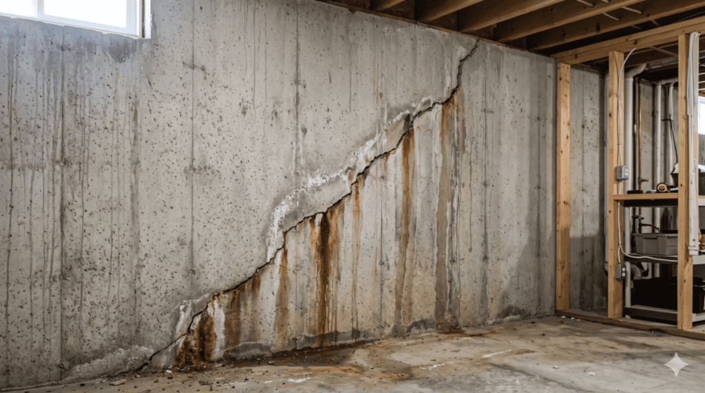 Basement foundation crack in a Calgary home requiring structural inspection