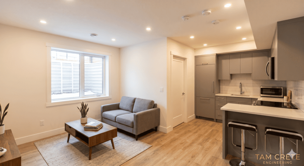 Completed legal secondary suite basement in a Calgary home with proper egress windows and finished interior