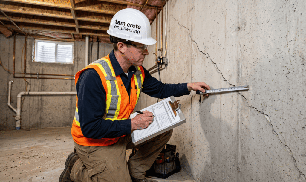 Licensed structural engineer inspecting a Calgary basement foundation crack with professional measuring tools