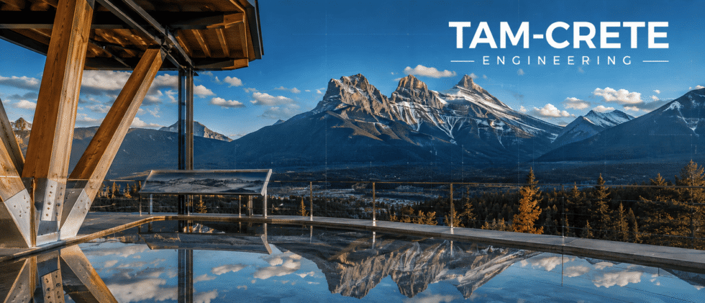 Structural engineering solutions for Canmore Alberta terrain featuring the iconic Three Sisters mountain peaks in a modern architectural design banner for Tam-Crete Engineering.