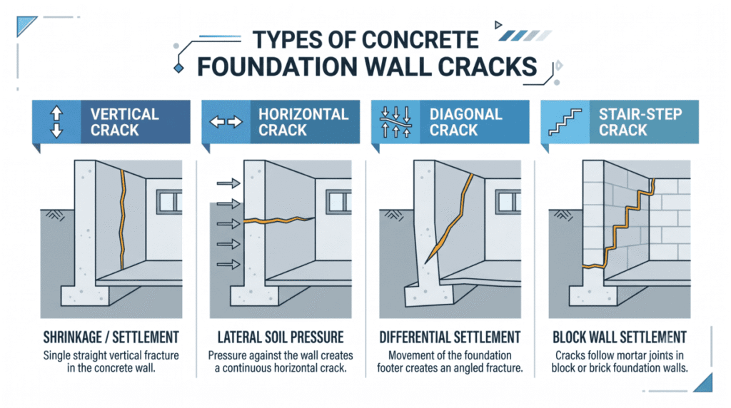 Diagram showing types of basement cracks: vertical, horizontal, diagonal, and stair-step cracks in Calgary foundations