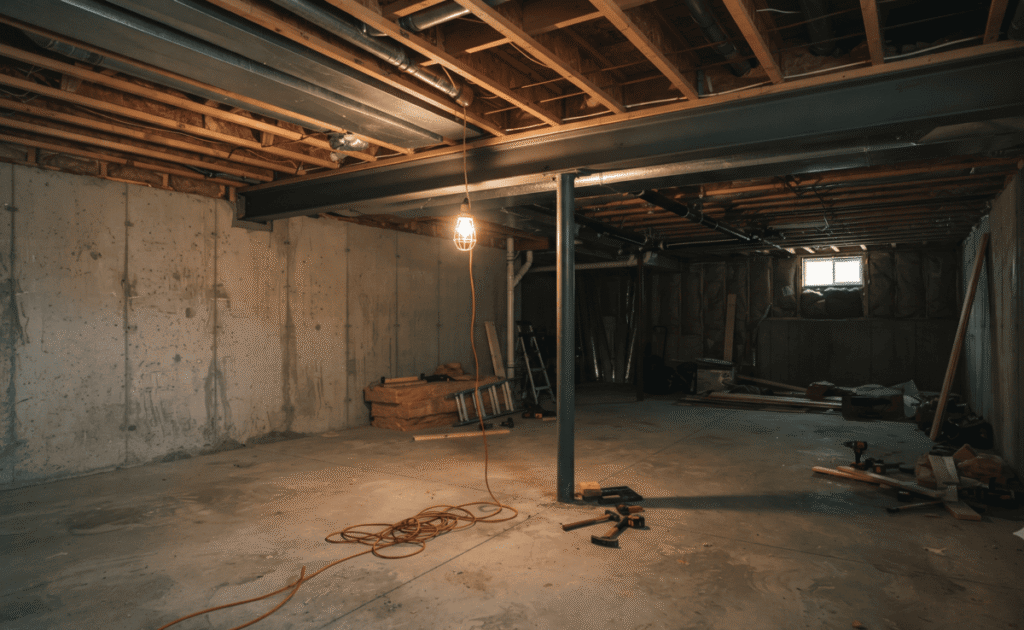 Steel support beam in a Calgary basement showing how to identify a load bearing wall