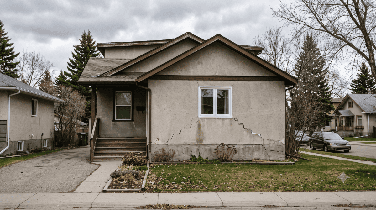 Signs of foundation problems in a Calgary home including wall cracks and uneven floors