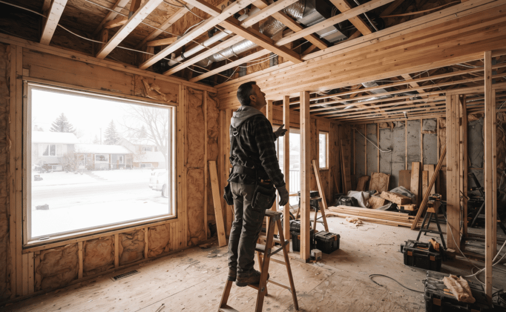 Exposed stud wall framing during a load bearing wall renovation in a Calgary home