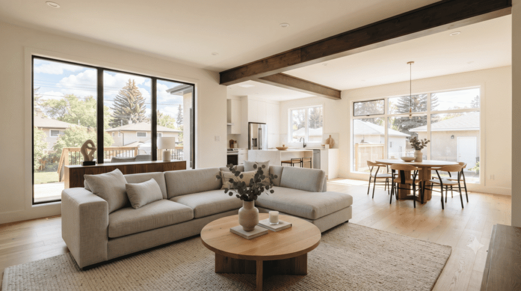 Open-concept living room in a Calgary bungalow after load bearing wall removal with flush beam installed
