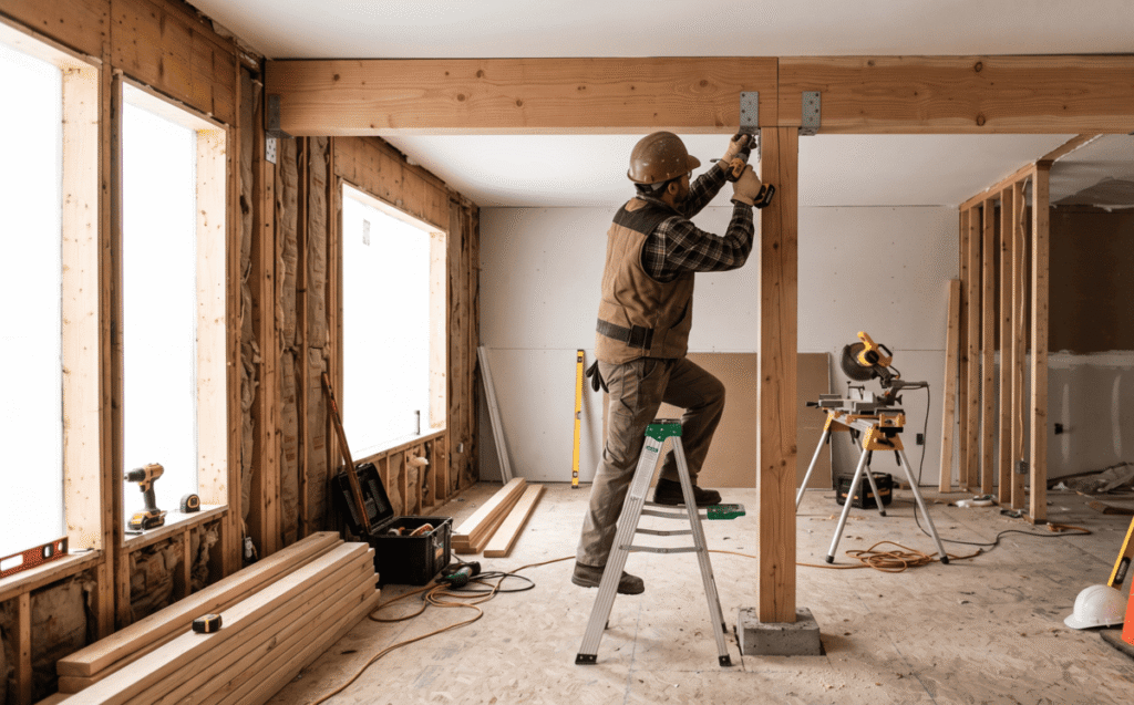 Contractor installing a support beam during a load bearing wall renovation in Calgary
