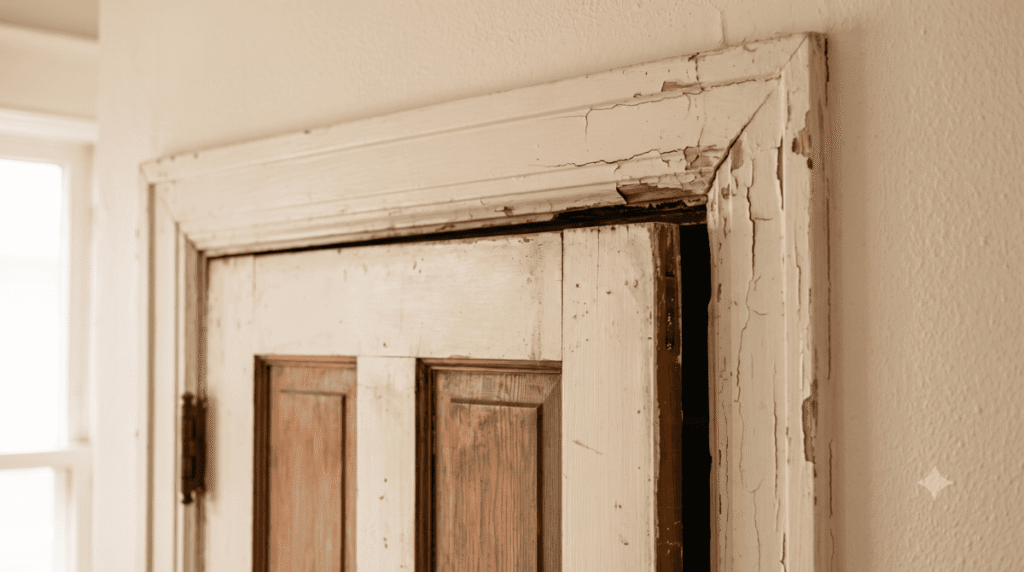 Interior door that won't close properly in a Calgary home due to foundation settlement