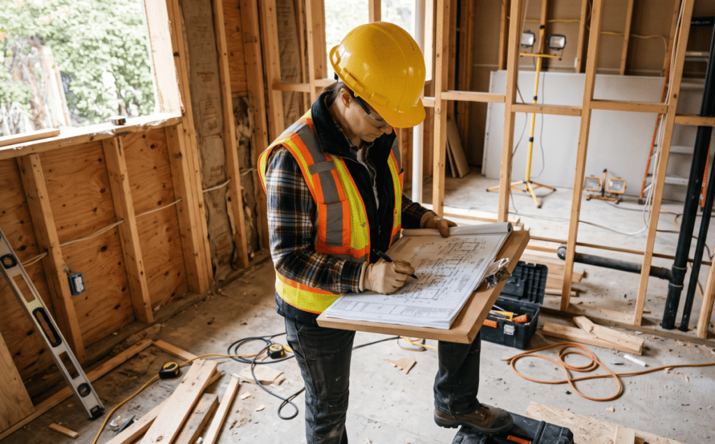 Structural engineer reviewing load bearing wall removal plans for an Alberta home