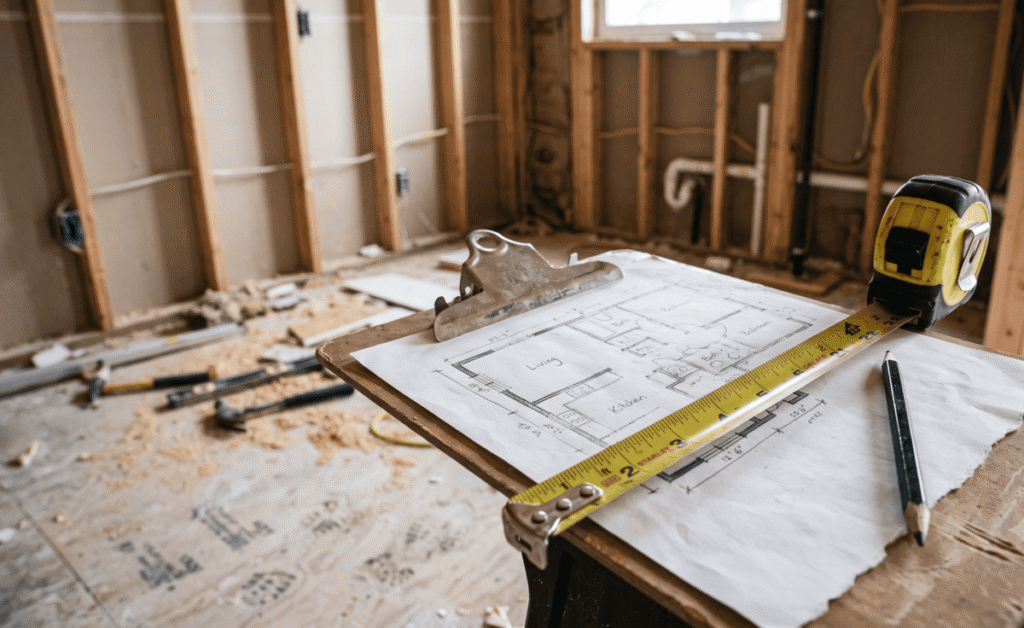 Engineer measuring wall span to calculate beam design cost for a Calgary renovation