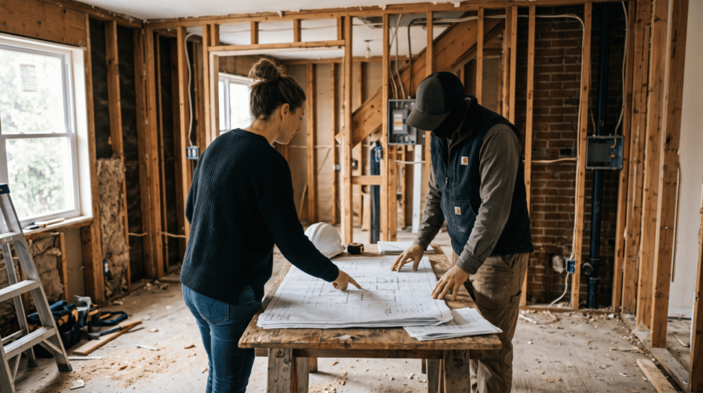 Homeowner and contractor reviewing plans before removing a load bearing wall in Calgary
