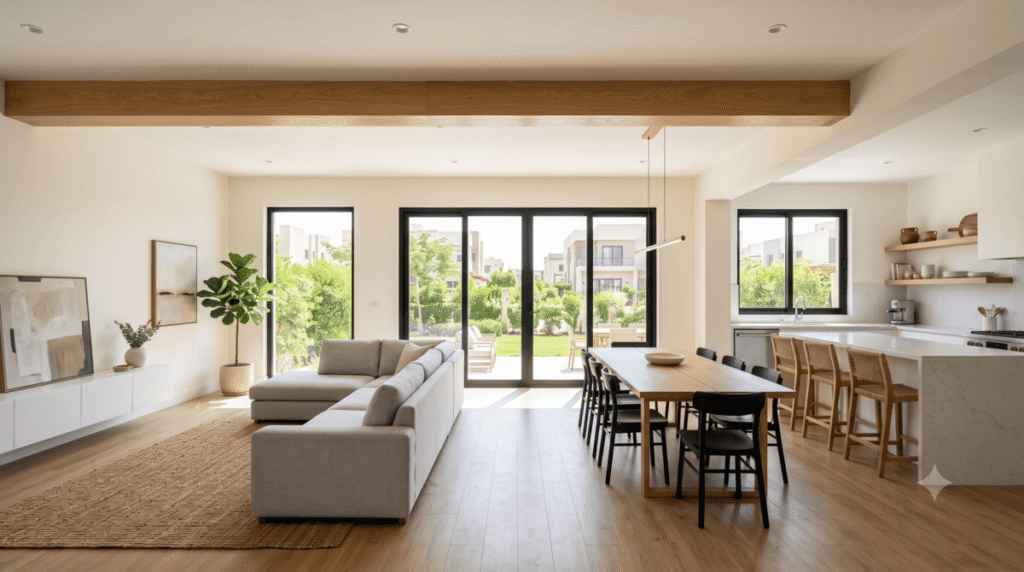 Completed open-concept renovation after a professionally engineered load bearing wall removal in Calgary