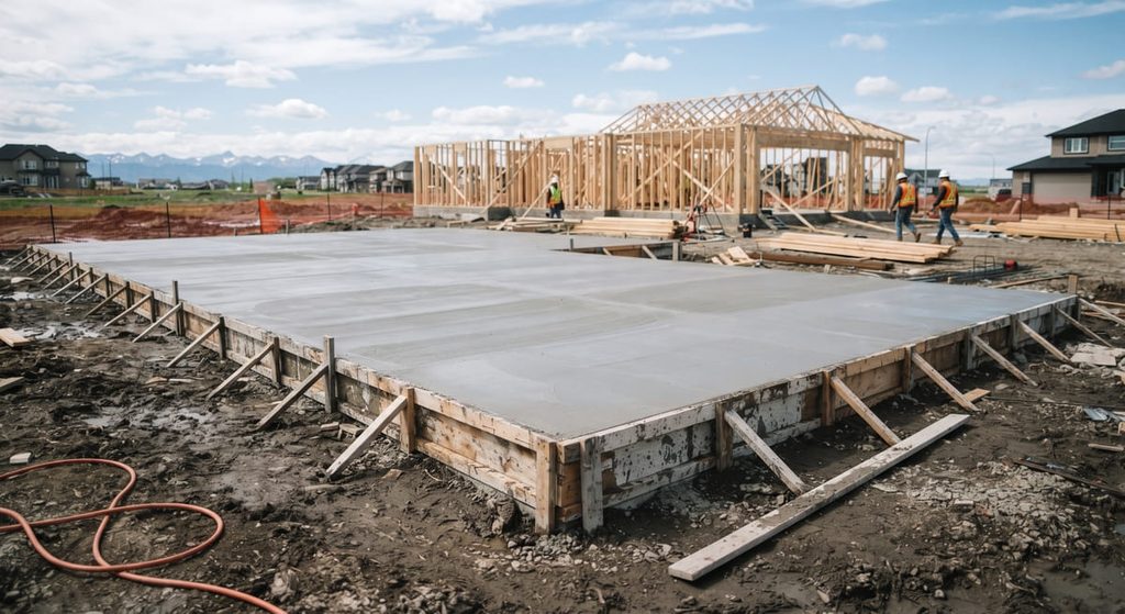 Poured concrete slab foundation on a Calgary construction site