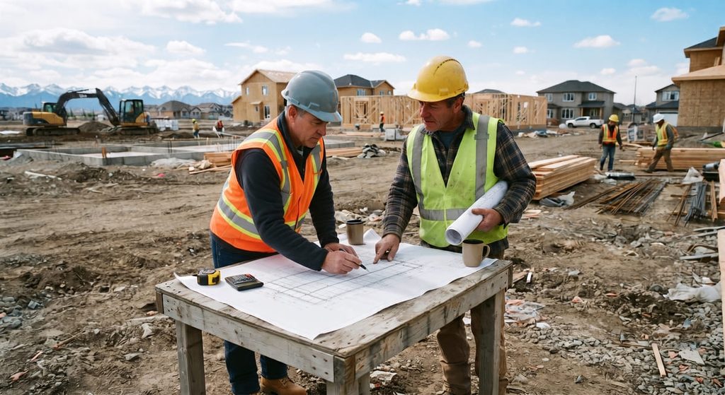 Structural engineer and contractor discussing responsibility for a screw pile foundation design in Calgary