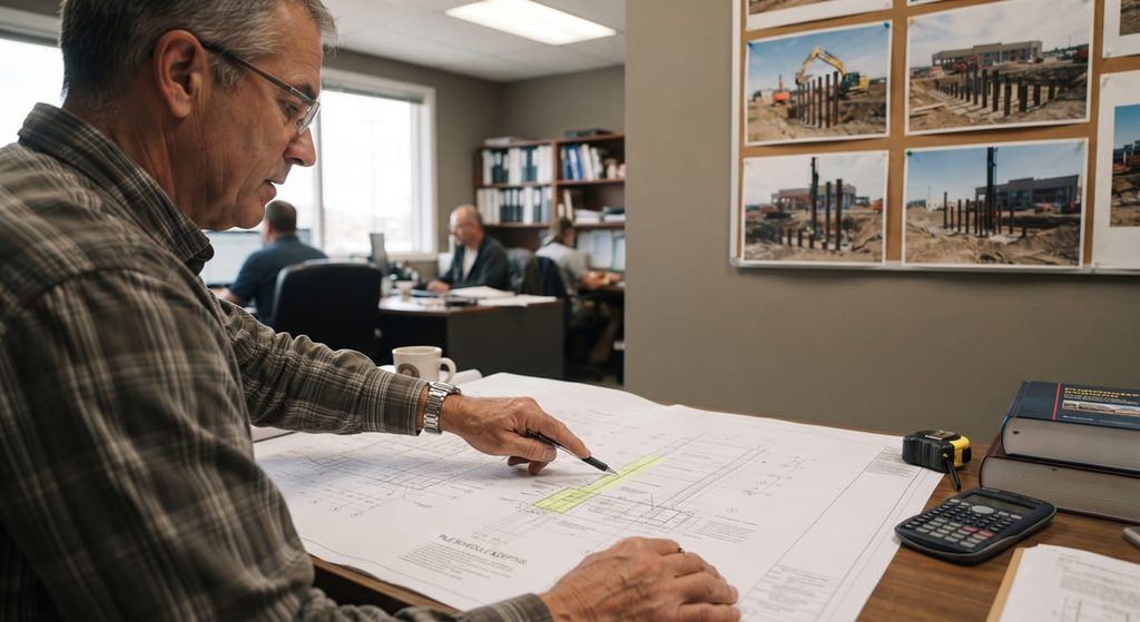 Structural engineer reviewing screw pile depth specifications on a foundation drawing for a Calgary project